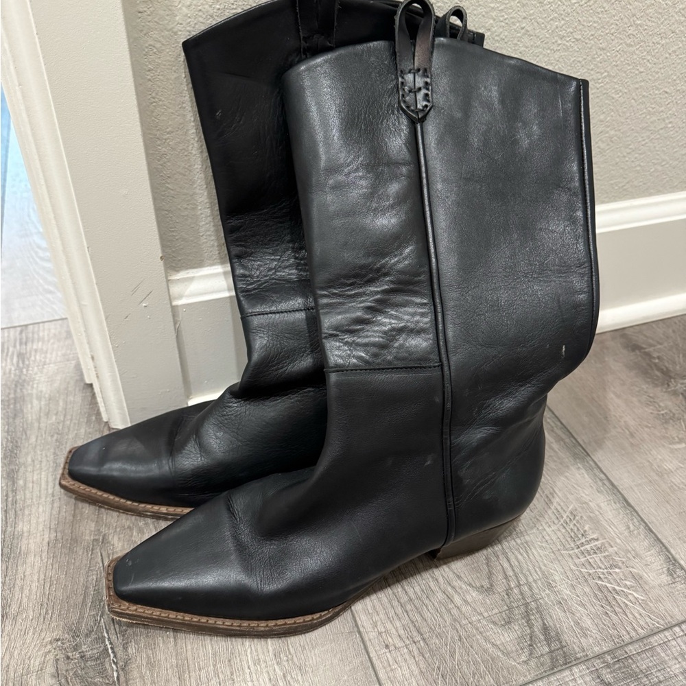 Free People Navy Leather Western Boots